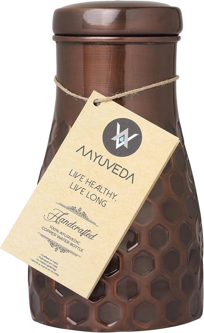 AAYUVEDA® Pure Copper Antique Honeycomb Bedroom Water Bottle 34oz, with in-Built Glass (Loose Lid)