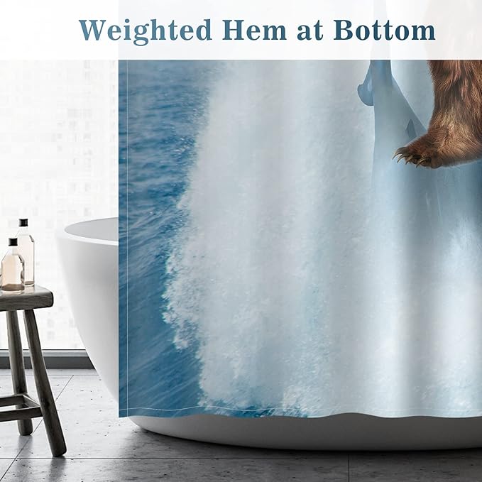 Aimego Stall Small Shower Curtain - Funny Bear Riding Shark in Ocean Wave Fun Cool Crazy Narrow Half Fabric Cloth Bath Shower Curtain Set for Adults Bathroom Decor Accessories, 36"x72", Blue Brown