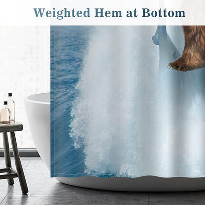 Aimego Stall Small Shower Curtain - Funny Bear Riding Shark in Ocean Wave Fun Cool Crazy Narrow Half Fabric Cloth Bath Shower Curtain Set for Adults Bathroom Decor Accessories, 36"x72", Blue Brown