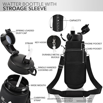 32 oz Water Bottle with Straw and Sleeve, Motivational Water Bottle with Time Marker and Adjustable Shoulder Strap, BPA Free Leakproof Sport Water Jug for Hiking, Gym