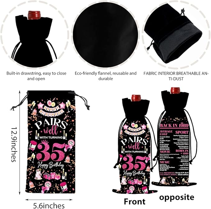 35th Birthday Gifts for Women Men Wine Bags, 35 Year Old Birthday Gifts for Women Men, Happy 35th Birthday Party Decorations for Women Men, Pairs Well with Turning 35 Wine Bags (Black Pink)