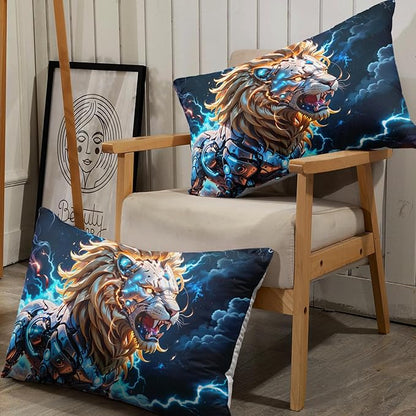 AILONEN Boys Lion Fitted Sheet Set Queen Size, Safari Animal Lion Blue Lightning 3 Pieces Printed Kids Bed Sheet Set,Wildlife Fitted Sheet with 2 Pillowcases