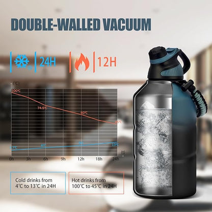 Insulated Half Gallon Water Bottle 64oz with Magnetic Lid,Stainless Steel Double-Wall Vacuum Leak Proof Sports Insulated Jug with Paracord Handle, Keep Water Hot & Cold for Outdoor,Gym