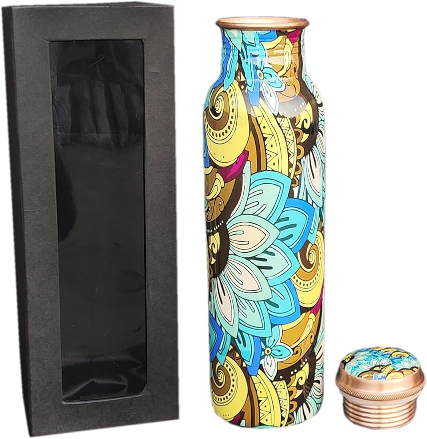 Copper Ayurveda Copper Water Bottle for Drinking – Travel Water Bottle for Gym, Yoga, Office, Hiking, Outdoor – with Lid (Yellw Pink floral) (Teal black floral)