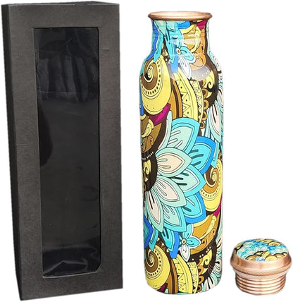 Copper Ayurveda Copper Water Bottle for Drinking – Travel Water Bottle for Gym, Yoga, Office, Hiking, Outdoor – with Lid (Yellw Pink floral) (Teal black floral)