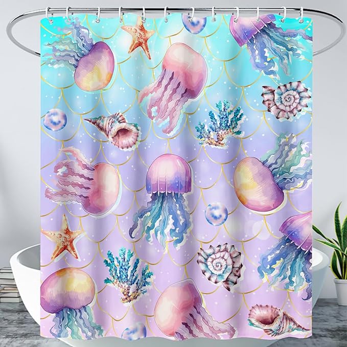 AILONEN Ocean Jellyfish Shower Curtain for Bathroom, Cute Jellyfish Mermaid Printed Bathroom Curtain,Girls Women Kids Coral Bath Curtain 36"W*72"H Polyester Waterproof Bathroom Curtain With 12 Hooks