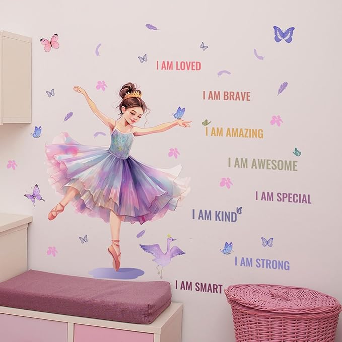 Butterfly Girl Wall Decals with Quotes, Colorful Butterflies and Motivational Lettering, Wall Stickers for Nursery, Girl Bedroom or Dance Room (MS7109)