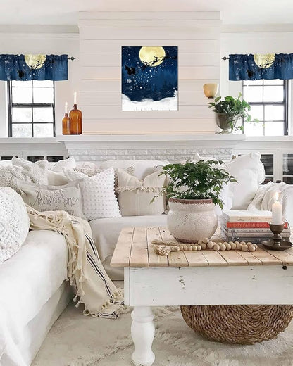 Christmas Kitchen Curtains Valances for Windows Santa Claus Reindeer Rod Pocket Window Treatment for Kitchen/Living Room/Bedroom/Bathroom,42" X 18" -1 Panel, Blue Snowy Night