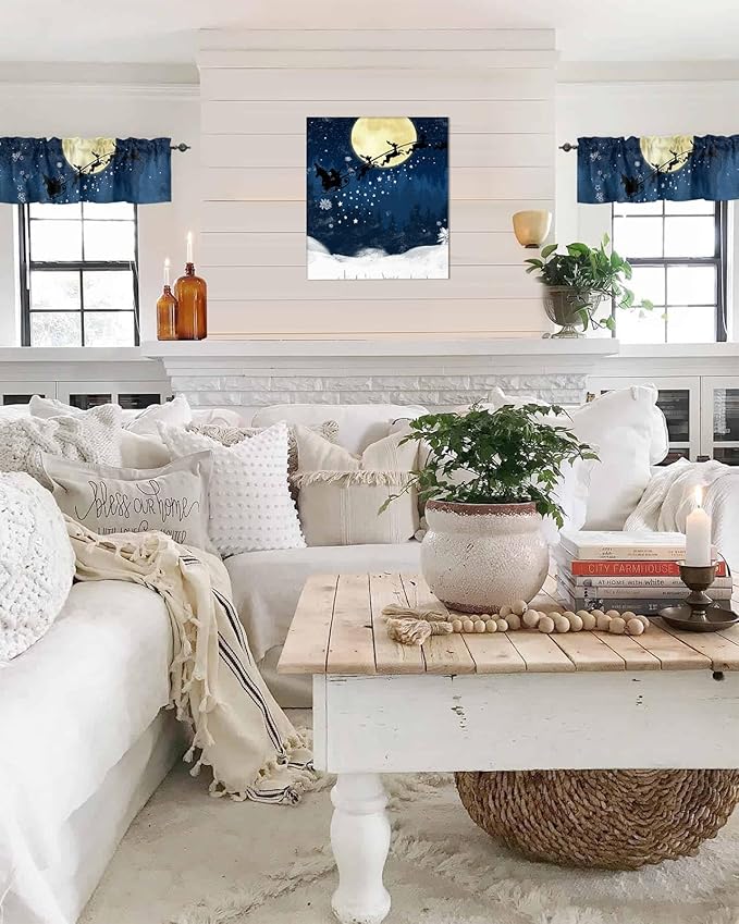 Christmas Kitchen Curtains Valances for Windows Santa Claus Reindeer Rod Pocket Window Treatment for Kitchen/Living Room/Bedroom/Bathroom,60" X 18" -1 Panel, Blue Snowy Night