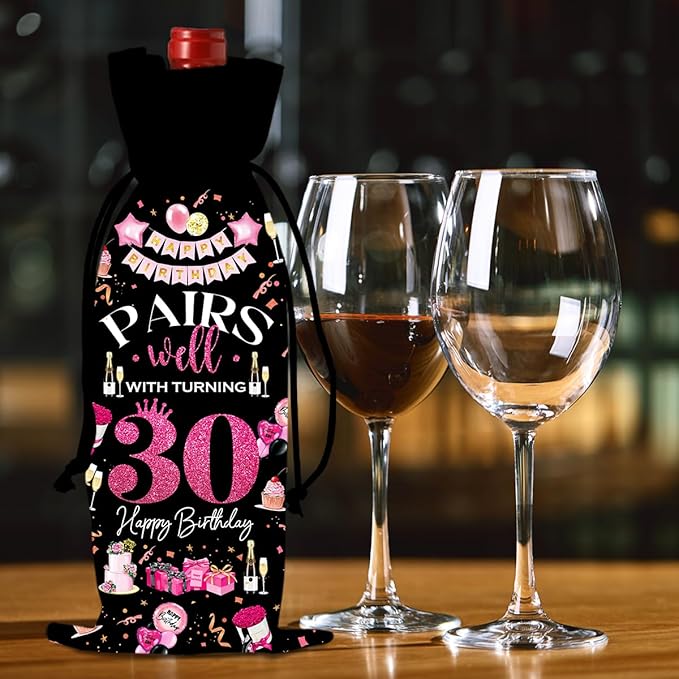 30th Birthday Gifts for Her Women Men Wine Bag, 30 Year Old Birthday Gifts for Women Men, Happy 30th Birthday Party Decorations for Her Him, Pairs Well with Turning 30 Wine Bags (Black Pink)