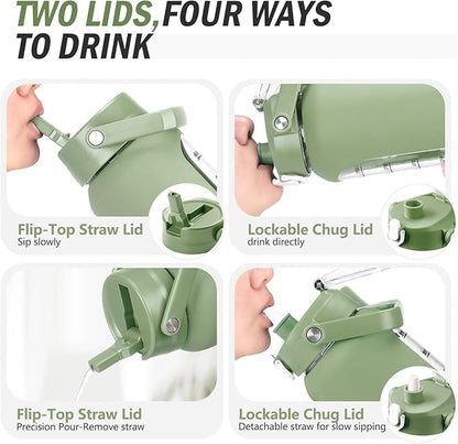 64 oz Glass Water Bottle with Straw and 2 Lids, Half Gallon Water Bottle with Sleeve, Large Insulated 2 Liter Glass Water Jug Time Marker with Handle - Olive