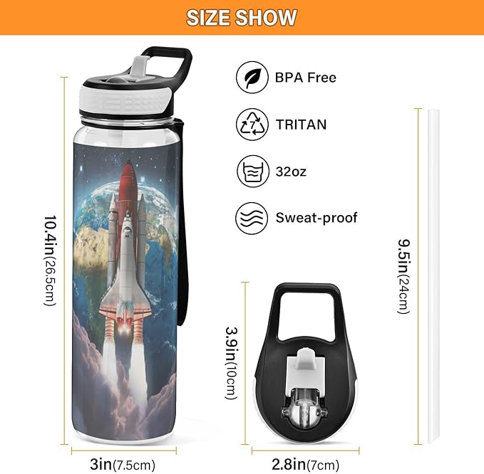 Airplane Galaxy Water Bottle with Straw Sky Sports Bottles BPA-Free Tritan Water Jug with Carrying Strap for Women Men Gym