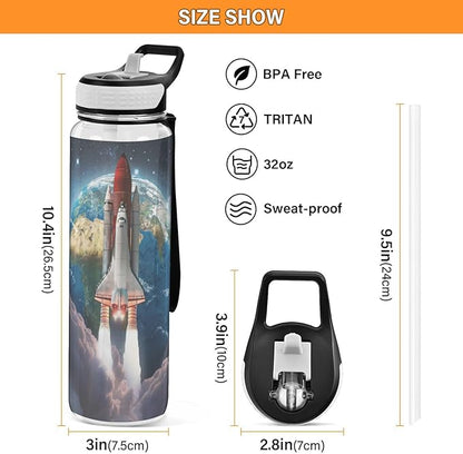 Airplane Galaxy Water Bottle with Straw Sky Sports Bottles BPA-Free Tritan Water Jug with Carrying Strap for Women Men Gym