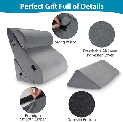 4pcs Wedge Pillow Headboard Set. Comfortable Sleep and Rest Relieves Back and Leg Pain, Aids in Acid and Gastro-Oesophageal Reflux Relief, Reduces Snoring - Grey