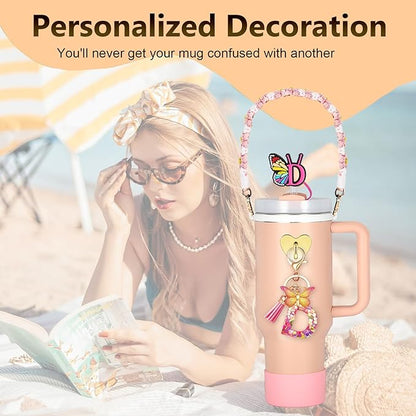 SPORCLO Stanley Cup Accessories Include Silicone Stanley Straw Cover, Butterfly Letter Keychain Charms, Water Bottle Handle Strap, Boot and Chain for Stanley Cup 30oz 40oz Tumbler