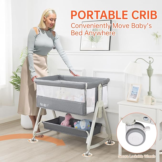 3 in 1 Baby Bassinet Bedside Sleeper, 6 Height Adjustable Portable Baby Crib Bedside Bassinet with Wheels, Mosquito Net & Storage Basket for Safe Co-Sleeping, Fit for Newborn/Infants (Gray)