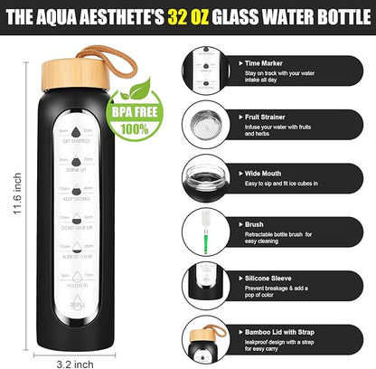 32 Oz Borosilicate Glass Water Bottle with Times to Drink | BPA Free - Reusable Wide Mouth Glass Motivational Water Bottles with Infuser & Silicone Sleeve (black)
