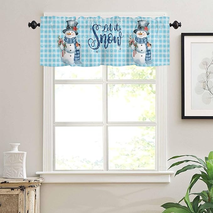 Snowman Christmas Valance Curtains for Kitchen Windows Let It Snow Winter Holiday Rod Pocket Window Treatment Toppers for Kitchen/Living Room/Bedroom/Bathroom, 42" X 12", Blue White Buffalo Plaid