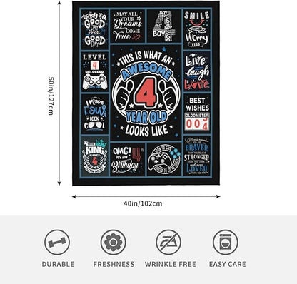 4 Year Old Boy Birthday Gift Throw Blanket 50" x 40", Birthday Gifts for 4 Year Old Boys, Four Year Old Boy Gifts, 4Yr Old Boy Birthday Gift Ideas, Birthday Present for Boy Age 4, 4th Birthday Gift