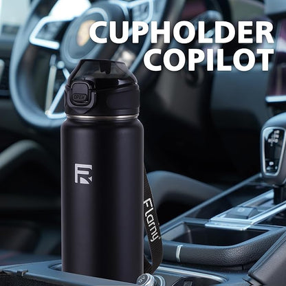 32 oz Insulated Water Bottle with Straw, Stainless Steel Metal Thermos Bottles, Durable Non-Slip Gradient Bottle with Strap for Sports and Travel, Leak Proof (Black Matte)