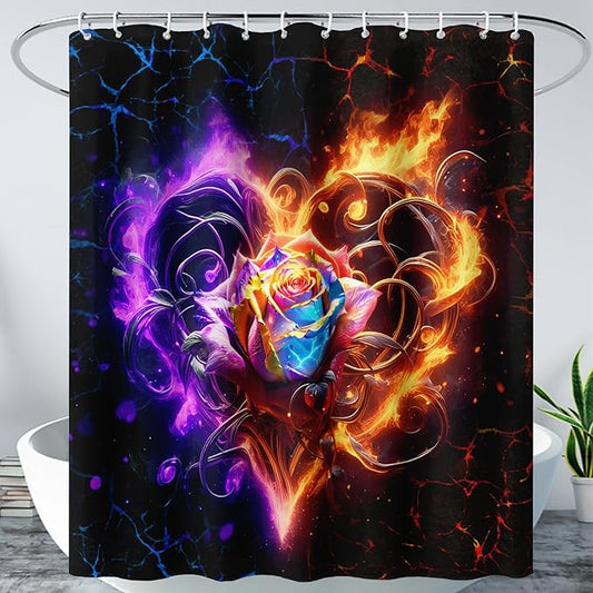 AILONEN Rose Shower Curtain for Bathroom,Purple Red Flame Fire Rose Hearts Print Bath Curtain,Modern Print Decoration Waterproof Shower Curtain with 12 Plastic Hooks, 72" W*78" H