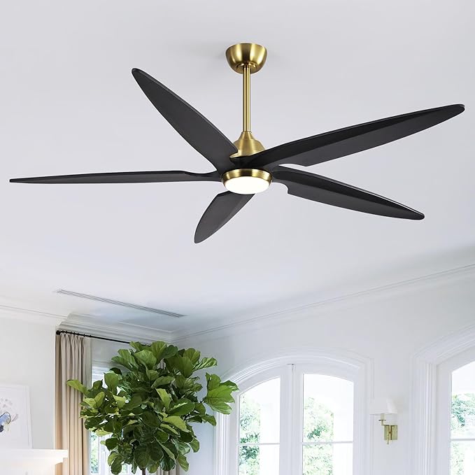 64 Inch Modern Ceiling Fan with Lights and Remote, 5 Wood Blades, 6-Speed Noiseless Reversible DC Motor with Replaceable Downrods for Bedroom Living Room Dining Room, Gold and Black