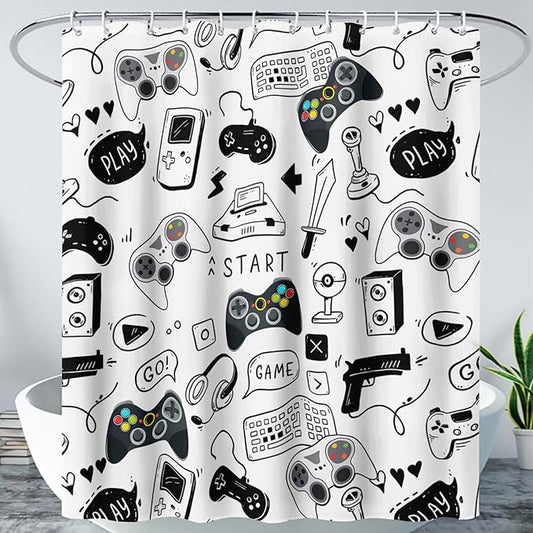 AILONEN Gamer Shower Curtain for Boys 60" W*72" H Black Gaming Video Game Bathroom Curtain,Teen Boys Bath Curtain Polyester Waterproof Retro Game Controller Bathroom Curtain with 12 Hooks
