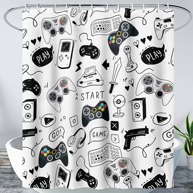 AILONEN Gamer Shower Curtain for Boys 48" W*72" H Black Gaming Video Game Bathroom Curtain,Teen Boys Bath Curtain Polyester Waterproof Retro Game Controller Bathroom Curtain with 12 Hooks