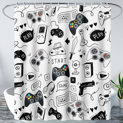 AILONEN Gamer Shower Curtain for Boys 72" W*84" H Black Gaming Video Game Bathroom Curtain,Teen Boys Bath Curtain Polyester Waterproof Retro Game Controller Bathroom Curtain with 12 Hooks