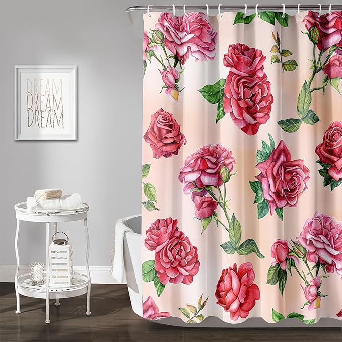 AILONEN Rose Shower Curtain, Watercolor Red Rose Theme Waterproof Shower Curtain Set,Dreamy Romantic Vintage Flower Bathroom Decors for Girls Teens Women,72" W*78" H