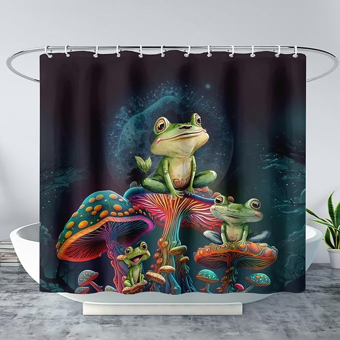AILONEN Frog Mushroom Shower Curtain Cartoon Animal Wildlife Frog Mystic Black Sky Red Mushroom Minimalist Modern Art Shower Curtain Bathroom Decor Curtains with 12 Hooks,Green 36" W*72" H