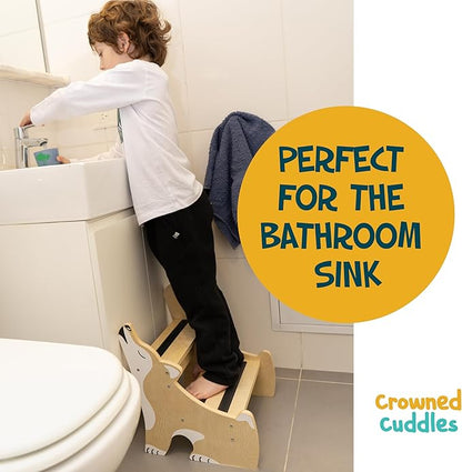 Crowned Cuddles - Premium Wooden Step Stool for Kids Toddler Step Stool, Kids Step Stool for Toddlers, Wood Step Stool for Kids Bathroom Sink, Kitchen Counter & Potty Stool (Brown)