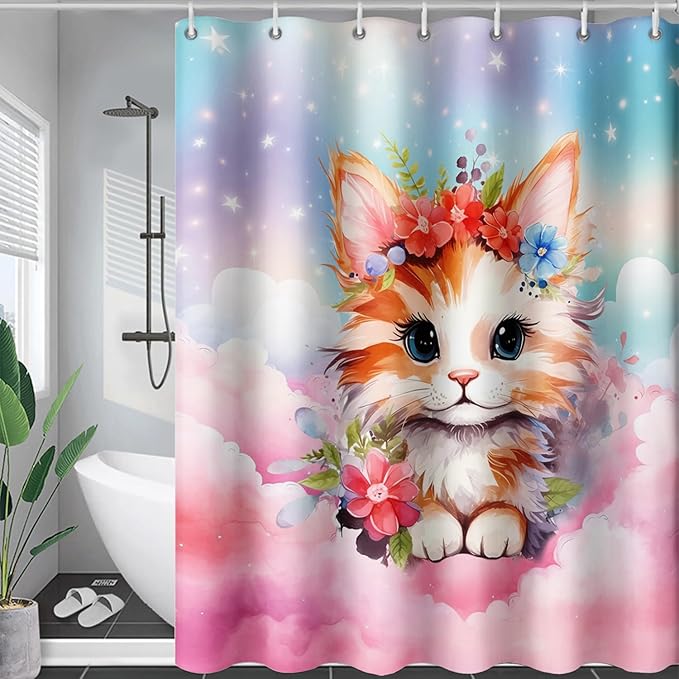 AILONEN Kawaii Cat Shower Curtains,Pink Sky Flora Cat Bath Curtains Gifts for Cat Lover,Cartoon Cat Curtains,Polyester Waterproof with 12 Plastic Hooks 72" W*72" H