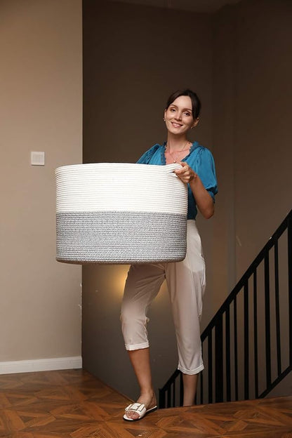 24" x 24" x 17" Max Size Large Cotton Rope Basket, Extra Large Storage Basket, Woven Laundry Hamper, Cloth Storage Bin, for Blankets Clothes Towels Pillows in Living Room, Grey Mix
