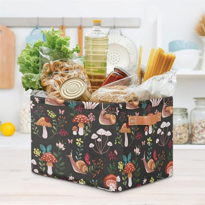 Mushroom with Snails Storage Basket Collapsible Rectangular Storage Bin Large Fabric Storage Boxes Organizer 1Pc with Leather Handles for Clothes Toys Books Kitchen Laundry