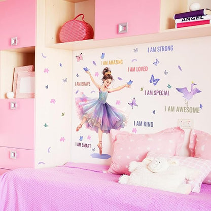Butterfly Girl Wall Decals with Quotes, Colorful Butterflies and Motivational Lettering, Wall Stickers for Nursery, Girl Bedroom or Dance Room (MS7109)