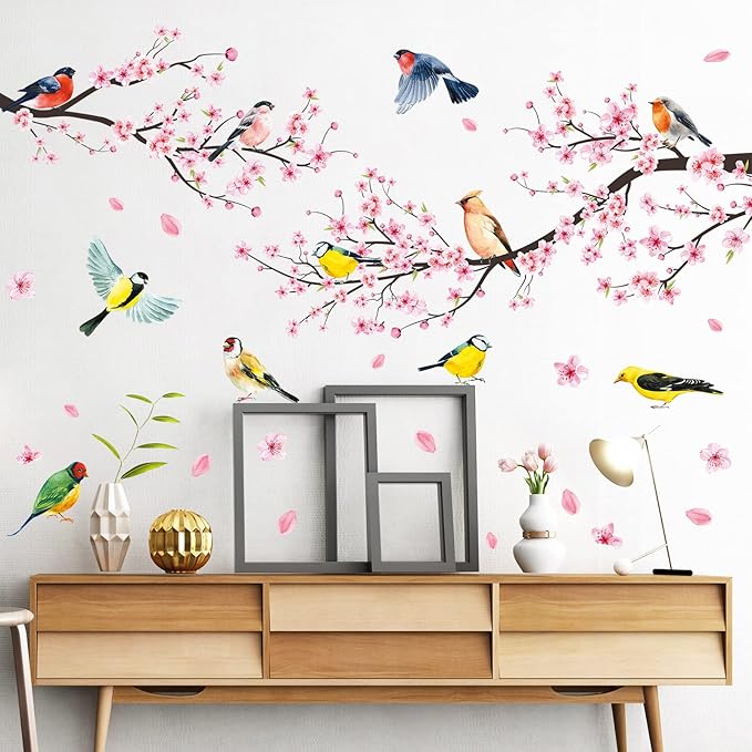 Amaonm 2 Sheets of 12"x36" Removable Pink Red Cherry Blossom Flowers Wall Stickers DIY Flying Birds and Tree Brances Wall Decals 3D Peel and Stick Floral art Decor for Kids Girls Bedroom Living Room Nursery Decoration (37"x51")