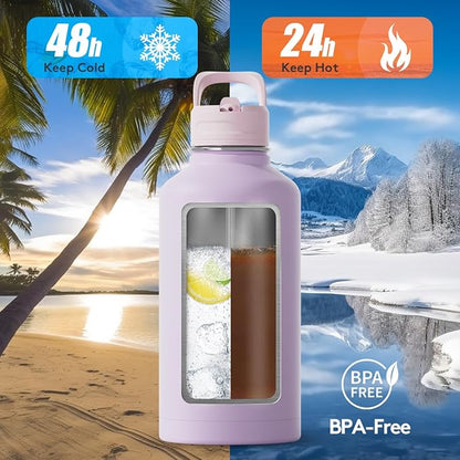 64 oz Insulated Water Bottle with Straw and Handle, Double Walled Vaccum Stainless Steel Half Gallon Water Bottle for Women, 3 Lids, Metal Canteen, Gym & Outdoors Water Jug