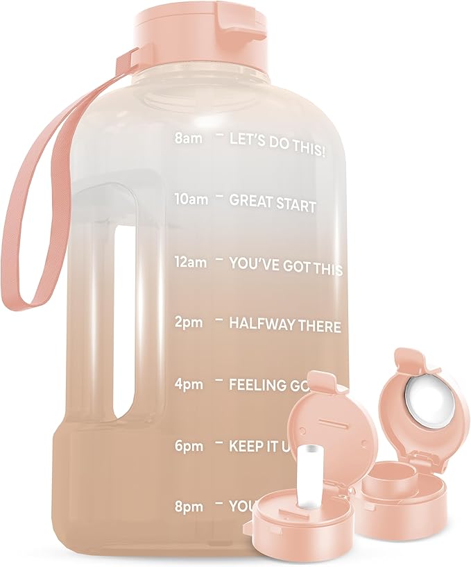 AQUAFIT 1 Gallon Water Bottle with Time Marker - BPA Free 128 oz Water Bottle with Straw, Gym Water Bottle with Handle, 1 Gallon Water Jug, Big Water Bottle, Large Water Bottle (Nude)