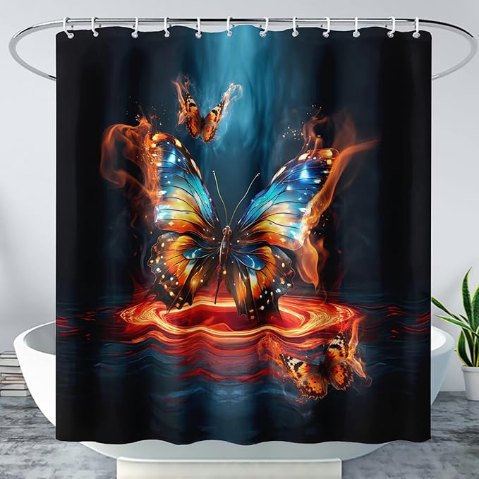 AILONEN 3D Butterfly Shower Curtain,Fire and Ocean Butterfly Bath Curtain 36" W*72" H,Modern Abstract Art Butterfly Print Waterproof Bathroom Curtain with 12 Plastic Hooks for Girls Women