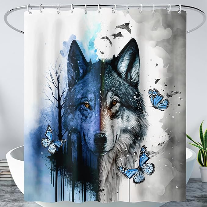 AILONEN Wolf Print Shower Curtain for Boys Men,Watercolor Wolf Bath Curtain 48" W*72" H Animal Wolf Bathroom Curtain Polyester Waterproof Wildlife Bathroom Curtain with 12 Hooks