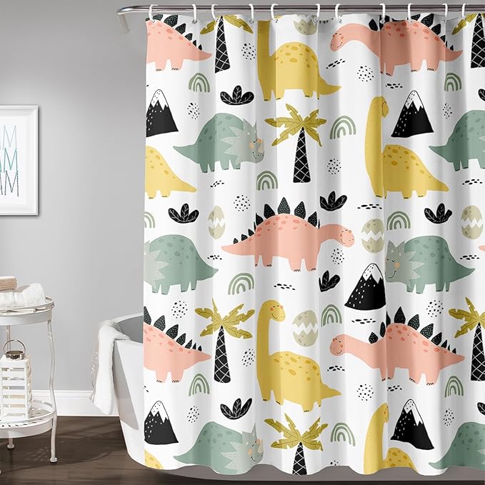 AILONEN Dinosaur Shower Curtain for Kids Boys Girls, Cute Kawaii Dinosaur Bathroom Curtain,Tropic Tree Leaves Printed Bath Curtain 48" W*72" H Polyester Waterproof Bathroom Curtain with 12 Hooks