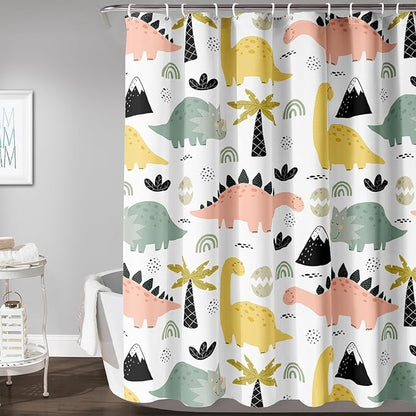 AILONEN Dinosaur Shower Curtain for Kids Boys Girls, Cute Kawaii Dinosaur Bathroom Curtain,Tropic Tree Leaves Printed Bath Curtain 72" W*96" H Polyester Waterproof Bathroom Curtain with 12 Hooks