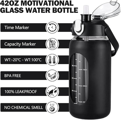 kytffu 42oz Glass Water Bottles with Straw, Motivational Glass Bottle with Silicone Sleeve and Time Marker, Leakproof Large Glass Water Jug for Gym Home Office,Black
