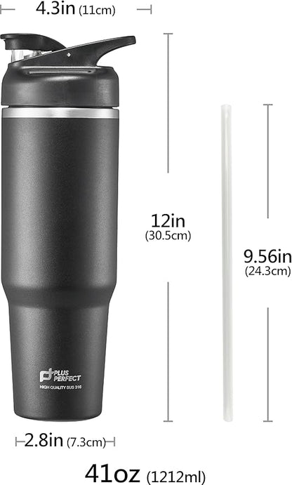 41 OZ 316 Stainless Steel Vacuum Insulated Travel Mug With Leak Proof Flip For Both Straw & Spout, Double Walled Seamless to Keep Hot And Cold, Black