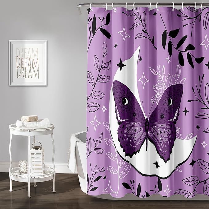 AILONEN Butterfly Shower Curtain for Bathroom Sun and Moon Purple Boho Bath Curtain 72" W*78" H Polyester Fabric Waterproof Bathroom Curtain with 12 Hooks