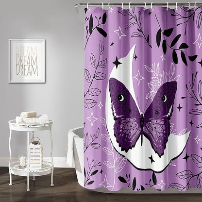 AILONEN Butterfly Shower Curtain for Bathroom Sun and Moon Purple Boho Bath Curtain 72" W*84" H Polyester Fabric Waterproof Bathroom Curtain with 12 Hooks