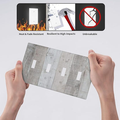 Rustic Grey Wood Shiplap Quad Toggle Light Switch Cover Decorative Vintage Country 4 Gang Wall Plate Electrical Faceplate Switchplate for Farmhouse Bathroom Bedroom Living Room Decor