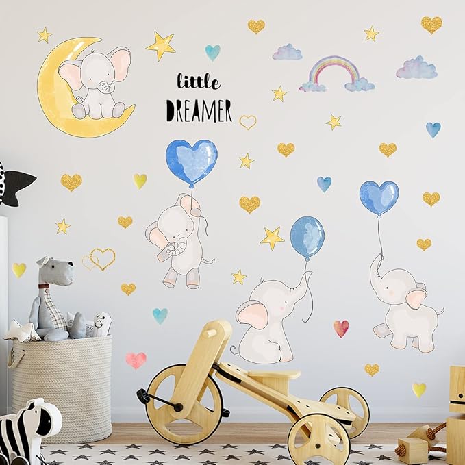 Cartoon Elephant Wall Stickers Moon Stars Balloons Rainbow Wall Decals Cute Animal Wall Decor for Kids Room Bedroom Living Room Wall Background Decor