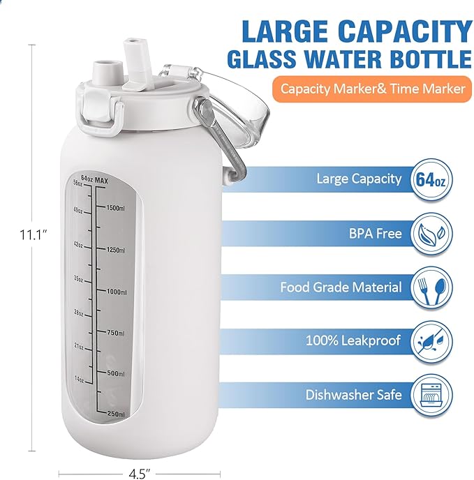 kytffu 64 oz Glass Water Bottle with Straw and Stainless Steel Handle, Half Gallon Water Bottle with Silicone Sleeve and Time Marker, 2L Large Glass Bottle for Gym, School, Travel, Leak-proof (White)